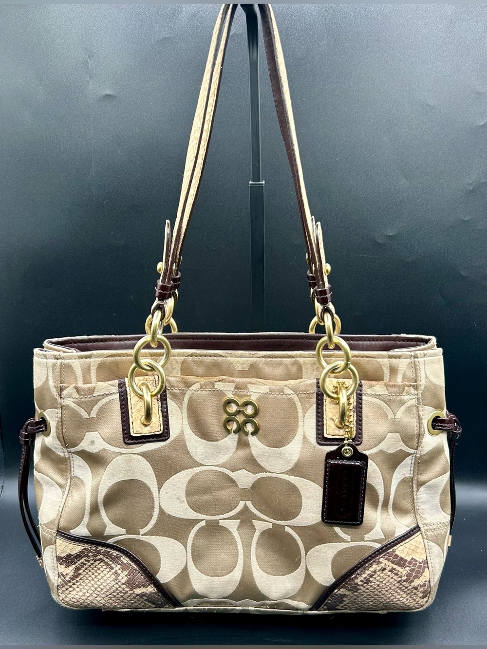 COACH Collette Signature Satchel Carryall Snake-Embossed Leather Trim.